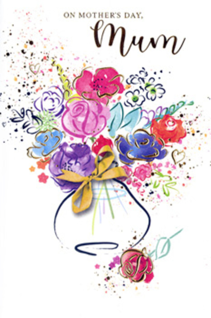 This expressive Mother's Day card showcases an artistic bouquet rendered in loose, fluid watercolour strokes, evoking the relaxed, creative charm of Brockley's streets and gardens. At the centre, a cluster of hot pink, cerise, and soft rose blooms radiates outward, each flower defined just enough by delicate indigo outlines to suggest layered petals and gentle depth. Interwoven with these warm tones are cooler notes of blue and lavender, along with hints of apricot and bright chartreuse that allude to supporting blossoms and leafy sprigs, much like the varied stems gathered in a hand-tied bouquet from Brockley Flowers. Fine accents of metallic gold highlight select petals and leaf tips, catching the eye with small flickers of light that feel like late-afternoon sun filtering through trees in nearby Hilly Fields. All of this colour and movement rises from a whimsical vase, painted in pale, translucent washes, its base encircled by a neat golden bow that suggests the thoughtful finish of a professionally wrapped gift. The surrounding white space is far from empty: it is animated by scattered splashes of paint and tiny heart shapes that seem to hover and dance around the bouquet, echoing the emotions behind the gesture. The composition feels both spontaneous and precise, as if guided by both artistic instinct and a florist's trained eye for balance. This illustrated bouquet becomes more than decoration; it appears as a lasting keepsake of appreciation, perfect to accompany a fresh flower delivery to a terraced home near Brockley Station or a bright flat overlooking Ladywell Fields on Mother's Day.