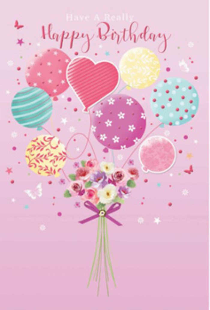 Gentle birthday illustration where pastel balloons and a petite floral bouquet combine to create a floating celebration, reminiscent of a cheerful morning walk through Brockley's leafy backstreets. The scene is set against a soft pink background, which reads like a warm, hazy sky. At the base, a compact, hand-tied posy rests, composed of small roses and daisy-like or anemone-style blooms arranged in a loose, natural cluster. Each petal is shaded delicately from creamy white into blush and rose, with touches of mauve at the edges, capturing the feeling of early light brushing across fresh flowers in a local Brockley Flowers workshop. The blooms look full and velvety, with their gentle curves and layered textures inviting a sense of touch and imagined fragrance: sweet, fresh, and comforting. Encircling the stems, a purple satin bow unites the bouquet, its loops and tails shining softly. From this base, a group of balloons appears to rise, painted in harmonious pastel hues of mint, lemon, pink, teal, and lavender. The balloons overlap slightly, creating a sense of depth, and each is embellished with playful details: spiralling ribbons, neat polka dots, or small floral prints. A single heart-shaped balloon sits near the centre, glowing more richly, suggesting a loving birthday wish. Fine highlights along the balloon edges make them look glossy and buoyant, as if they might drift above Brockley's rooftops. Scattered stars and butterflies weave through the arrangement, bringing subtle movement and a touch of magic. The whole illustration feels like a carefully crafted birthday greeting, using colour, light, and floral artistry to convey joy and affection within the Brockley community.