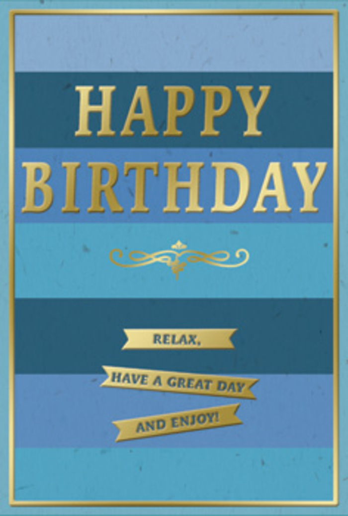 In this image, a graceful blue and gold birthday card stands as the centrepiece, its style perfectly suited to a thoughtful celebration in Brockley's tree-lined streets. The background is formed of generous horizontal stripes, each a distinct shade of blue that shifts subtly from one to the next. At the base lies a deep, inky navy that gradually gives way to rich ocean blue, then to cooler mid-blue, and finally to a soft, airy sky tone at the top. These bands create a layered, almost horizon-like effect, reminiscent of watching the light change over Hilly Fields on a clear day. Sitting prominently across this serene backdrop is the greeting HAPPY BIRTHDAY, rendered in large, embossed gold capitals. The metallic gold has a warm, understated sheen, catching and reflecting light so that each letter seems to glow gently. The raised texture of the lettering suggests quality card stock, with edges that feel smooth and carefully finished. Just below the central greeting, a stylish golden flourish extends outward, its looping lines reminiscent of traditional pen-and-ink embellishments or the decorative details you might notice on period buildings near Brockley Cross. Positioned under this flourish are three slender gold banners, stacked neatly in descending order, each one carrying part of a gentle message: Relax, have a great day and enjoy! The visual rhythm of the banners echoes the blue stripes behind, balancing the composition and guiding the gaze downward. A fine gold border encloses the entire scene, adding a final, polished frame. Imagined beside a fresh bouquet ready for same-day delivery from a local Brockley florist to homes near Crofton Park or along Lewisham Way, this card embodies calm, heartfelt birthday wishes, inviting the recipient to step back from the rush of daily life and sink into a day of genuine ease and quiet joy.