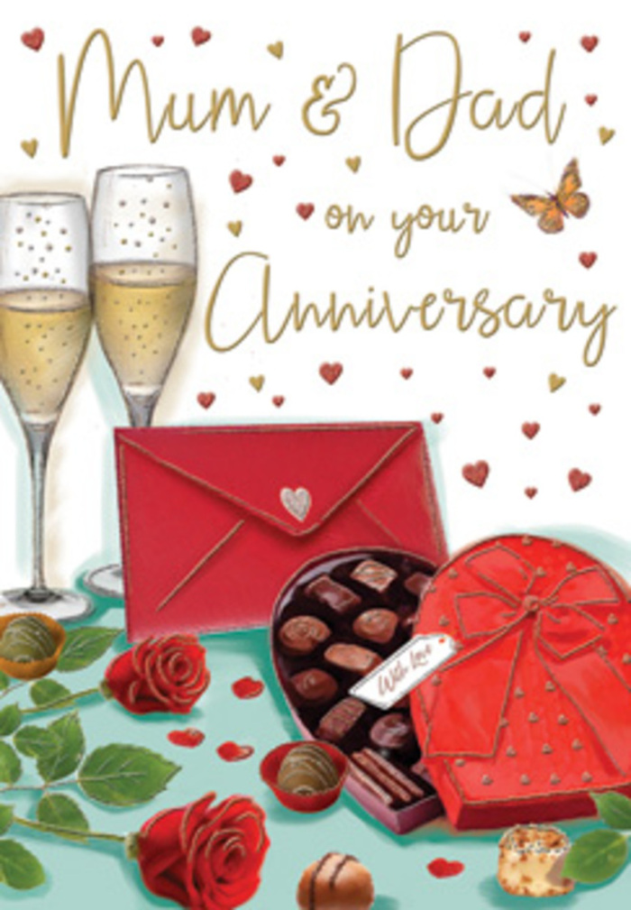 Evocative anniversary card illustration that looks like a lovingly curated still life, perfect for celebrating devoted parents in Brockley and beyond. In the foreground, a luxurious heart-shaped chocolate box in deep red takes pride of place, its surface smooth and slightly glossy, adorned with a generous scarlet bow that cascades in soft loops and tails. The lid is open just enough to showcase an inviting selection of chocolates, each one cradled like a tiny jewel and suggesting shared indulgence. To the left, two exquisite red roses, fully open and velvety, rest against a fan of rich green leaves, just as a skilled florist might lay them out while preparing an anniversary arrangement for a home off Brockley Road. Behind this, two tall champagne flutes stand together, stems slender, their bowls filled with pale golden fizz that sends up fine, sparkling streams of bubbles, catching the gentle glow of the imagined evening light. Scattered across the scene are small hearts in scarlet and shimmering gold, floating softly around the hand-written greeting to Mum & Dad and reinforcing the romantic, family-centred theme. A bold red envelope, sealed tight, lies at the edge of the composition, promising handwritten words of affection and thanks. The background is softly toned, allowing the reds, golds, and greens to stand out with rich clarity, while highlights on glass, ribbon, and chocolate create depth and realism. Altogether, the image radiates warmth and intimacy, capturing that treasured moment when parents pause, raise their glasses, and savour both the taste of fine chocolate and the enduring sweetness of a life built together in their Brockley neighbourhood.