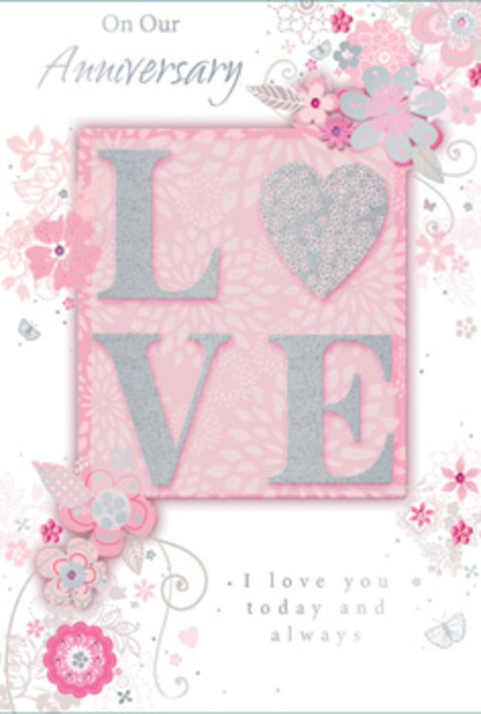 This anniversary card feels like a paper reflection of the romantic bouquets leaving Brockley Flowers on special evenings, destined for homes along Brockley Road and the winding streets nearby. At its heart, the word LOVE appears in bold yet graceful capitals, each letter raised from the surface in a frosted glitter finish that makes the blush pink tones shimmer softly. The edges are kissed with pearlescent white and finely dusted with silver, creating a tactile, light-catching effect reminiscent of petals brushed with morning frost. The letters rest on a gentle pastel pink background that provides a soothing, almost velvety backdrop, evoking the peaceful hue of the sky as it clears after rain over Hilly Fields. Radiating outward from the central word, wispy blooms and slender, swirling stems travel across the card. These flowers are stylized and hand-drawn, their shapes traced in delicate lines of blush, mauve, pale lilac, and cool grey, with soft ivory and tiny hints of silver foil adding dimension. They feel like the loose pencil and ink sketches we create when planning anniversary arrangements for couples in Brockley and neighbouring Crofton Park, imagining how each stem will fall. Small leaves, fine filigree curls, and subtle butterflies hover around the blooms, adding a sense of movement and lightness, as though a soft breeze had been captured on paper. Interwoven with the floral design, graceful, understated script shares messages such as I love you today and always, the words spaced thoughtfully, allowing pauses like breaths between memories. The entire composition exudes gentle intimacy and enduring affection, mirroring the feeling of handing over a carefully tied bouquet at a doorway on a quiet south London street, where another year of love is being quietly celebrated.