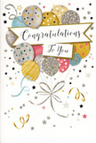 This image features a refined congratulations card whose design captures the essence of a joyful moment shared in one of Brockley's cosy living rooms. Dominating the front is a bouquet-like cluster of balloons, floating upwards from the lower part of the card in a harmonious arrangement. The balloons are rendered in a mix of warm metallic gold and silver, gentle champagne, sky blue, blush pink, and mellow grey, each one slightly different in size and pattern. Some balloons shine with sparkling glitter bands; others are sprinkled with petite stars or confetti dots that add a sense of depth and lively texture, hinting at a subtle shimmer when the light catches them. All are gathered by trailing ribbons in bright gold and silver, drawn in sweeping curves that twist and overlap as they cascade downward, echoing the flourish of ribbon we often tie around congratulatory bouquets heading out for delivery across Brockley. Surrounding the main cluster, a soft, pale background is enlivened with small, metallic stars, curly swirls, and dots of confetti that seem to float lazily, like the fading echoes of a celebration. Cutting through the centre of the design, a delicate banner unfurls, displaying the words Congratulations To You in elegant, flowing script that feels warm, sincere, and slightly nostalgic. The overall mood of the card is one of gentle exuberance-radiant yet tasteful-ideal for marking achievements such as graduations, new jobs, or personal milestones. The combination of pastel hues and metallic sparkle ensures the card feels both contemporary and timeless, a perfect complement to fresh blooms when you want to convey pride, joy, and heartfelt applause in one thoughtful gesture.