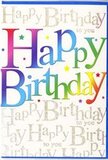 In this scene, a colourful birthday card is photographed in a way that showcases its vivid, contemporary charm, much like a bright shopfront along Brockley Road. The eye is immediately drawn to the words Happy Birthday, displayed in large, easy-to-read letters that flow confidently across the card's front. Each letter is filled with a smooth gradient of colour that sweeps from rich red and magenta through jewel-like purples and blues, then into turquoise, bright green, sunshine yellow, and a gentle peachy orange. The effect is reminiscent of festival bunting or painted signs you might spot at local Brockley community events, full of warmth and casual joy. Behind this vibrant text, the entire background is covered with delicate golden script. In fine, looping cursive, the phrase Happy Birthday to you is repeated over and over, transforming the words into a decorative pattern that glimmers subtly. The metallic gold catches imaginary light, scattering tiny highlights across the surface like reflections in the windows of cafés near Brockley Market on a clear day. While the background is ornate, it recedes visually so the bold, rainbow greeting remains unmistakably at the forefront. The card seems to be printed on smooth, quality cardstock with a soft sheen, suggesting a pleasing weight when held. There are no illustrations of cakes or balloons, only the interplay of typography, colour, and metallic shine, giving the design a modern yet timeless feel. It is the kind of birthday card that would sit beautifully beside a fresh arrangement from Brockley Flowers, bringing an extra burst of colour and happiness to a special celebration at home or in a local gathering spot.