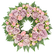 An elegant sympathy wreath is shown flat against a bright white background, its perfectly round shape symbolising wholeness and unending memory. The entire ring is richly filled with roses, arranged so closely that no gaps interrupt the flow of colour. Large, fully open roses in shades of dusty lavender, antique mauve, and soft greyish purple serve as the anchors of the design, their layered petals forming soft, swirling rosettes that invite contemplation. Interlaced among them are clusters of smaller blush pink spray roses and tightly furled buds, whose pastel pink tones bring a gentle lightness and a suggestion of newness amidst the more contemplative purples. The blend of hues is soothing and refined, well suited to the quiet streets of Brockley and the tree-lined paths near Hilly Fields, where many local families gather to say goodbye. The flowers rest on a thick base of deep green fern fronds, likely leatherleaf or sword fern, with each frond radiating outward to create a feathery, textured frame. The serrated leaves overlap and curl slightly, adding a natural, woodland feel that contrasts beautifully with the softness of the rose petals. Between the blooms, subtle hints of darker filler greens and tiny closed buds can be seen, adding depth and dimension without disturbing the wreath's calm harmony. The lighting is soft and even, illuminating every petal curve and leaf edge, as if the arrangement has been carefully set out in a quiet room above Brockley Road just before delivery. This wreath conveys a message of comfort, sympathy, and dignified remembrance, offering a floral tribute that feels both personal and deeply respectful.