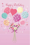 Dreamy birthday card artwork featuring a cluster of pastel balloons lifting a dainty bouquet of roses and daisy-like blooms, designed with the quiet, creative warmth associated with Brockley's neighbourhood cafes and gardens. The background is a smooth, muted pink, like sunlight softened by a curtain. At the lower centre, a small posy gathers tightly, filled with creamy ivory, blush pink, and soft mauve flowers, their petals layered and slightly ruffled to suggest freshness and depth. You can almost sense the gentle, sweet fragrance of a newly made bouquet from a Brockley florist's bench. A violet satin ribbon wraps around the stems, its glossy knot and trailing ends catching the light. Above this, a carefree bunch of balloons floats upward, each one a different pastel shade-sea green, lemon yellow, strawberry cream, lavender, and teal. Some balloons swirl with candy-coloured stripes, others are scattered with cheerful polka dots, while a few display delicate floral patterns. Near the centre, a heart-shaped balloon glows more deeply pink, radiating birthday love as if meant for someone celebrating near Brockley Station or along Coulgate Street. The balloons are softly highlighted to appear round and shiny, with a sense of weightlessness that contrasts with the grounded bouquet. Tiny butterflies and specks like little stars drift across the composition, lending a fairy-tale quality, as though birthday wishes themselves were visible in the air. Overall, the illustration captures a light, joyful spirit, turning a simple birthday greeting into an airy, uplifting moment, much like receiving a hand-delivered birthday bouquet in Brockley on a bright spring day.