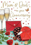 Warm and romantic anniversary card artwork that feels right at home in Brockley, filled with details that celebrate enduring love. Centre stage is a heart-shaped box of chocolates in a deep, luxurious red, its lid pushed back to reveal an enticing array of chocolates nestled in dark little cups. A bold scarlet bow, lush and satiny, sweeps across the top, echoing the kind of ribbon flourish a florist might add when preparing a special anniversary gift for a couple near Hilly Fields. Just beside the chocolates, two lush red roses rest among glossy green foliage, their petals velvety and full, capturing that perfect stage of bloom when a rose feels at its most romantic. Behind them, a pair of tall, elegant champagne flutes stand closely together, filled with pale, golden bubbles that rise in delicate threads, catching soft, ambient light as if from a cosy Brockley dining room. Scattered across the design are tiny hearts in glowing gold and rich crimson, swirling gently around a hand-written dedication to Mum & Dad, adding a playful yet heartfelt touch. At the base of the arrangement lies a bright red envelope, sealed and slightly angled, hinting at handwritten words of gratitude, memories, and quiet promises. The entire scene is bathed in a gentle, warm glow, with reflections glinting off glass, foil, and ribbon, enhancing the feeling of an intimate evening celebration. This illustration captures the essence of an anniversary well spent: roses chosen with care, chocolates to share slowly, champagne waiting to be raised in a toast to a love that has grown deeper with every passing year in Brockley.